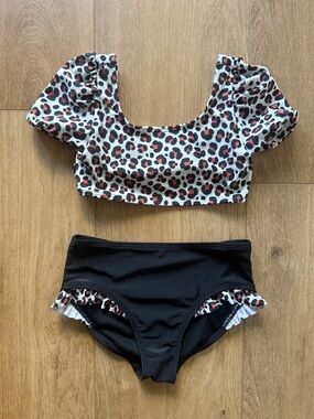 Cat & Jack Leopard Puff Sleeve Swim Set in White, Black & Rust